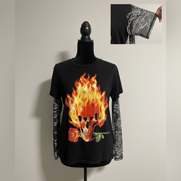 Current Mood Bravado Black Skull Flame Long Sleeve Tee - Picture 1 of 4